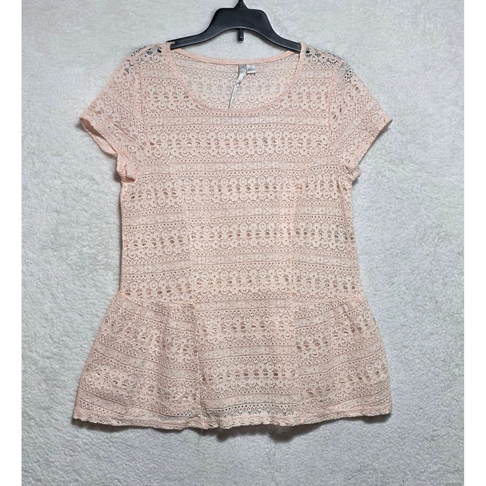 LC Lauren Conrad Peach Pink Floral Lace Peplum Top Short Sleeve Size Small